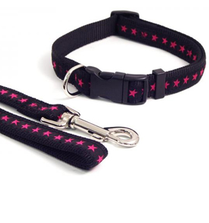 black and red patterned dog collar and lead